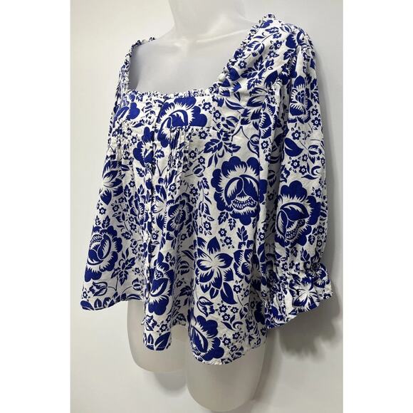 Rachel Zoe Women 3/4 Sleeve Button Linen Rayon Top Size M White Blue Floral - Picture 3 of 7
